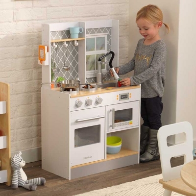 Houten-kinderkeuken- Let-s-Cook-wit-naturel-Kidkraft (53395)